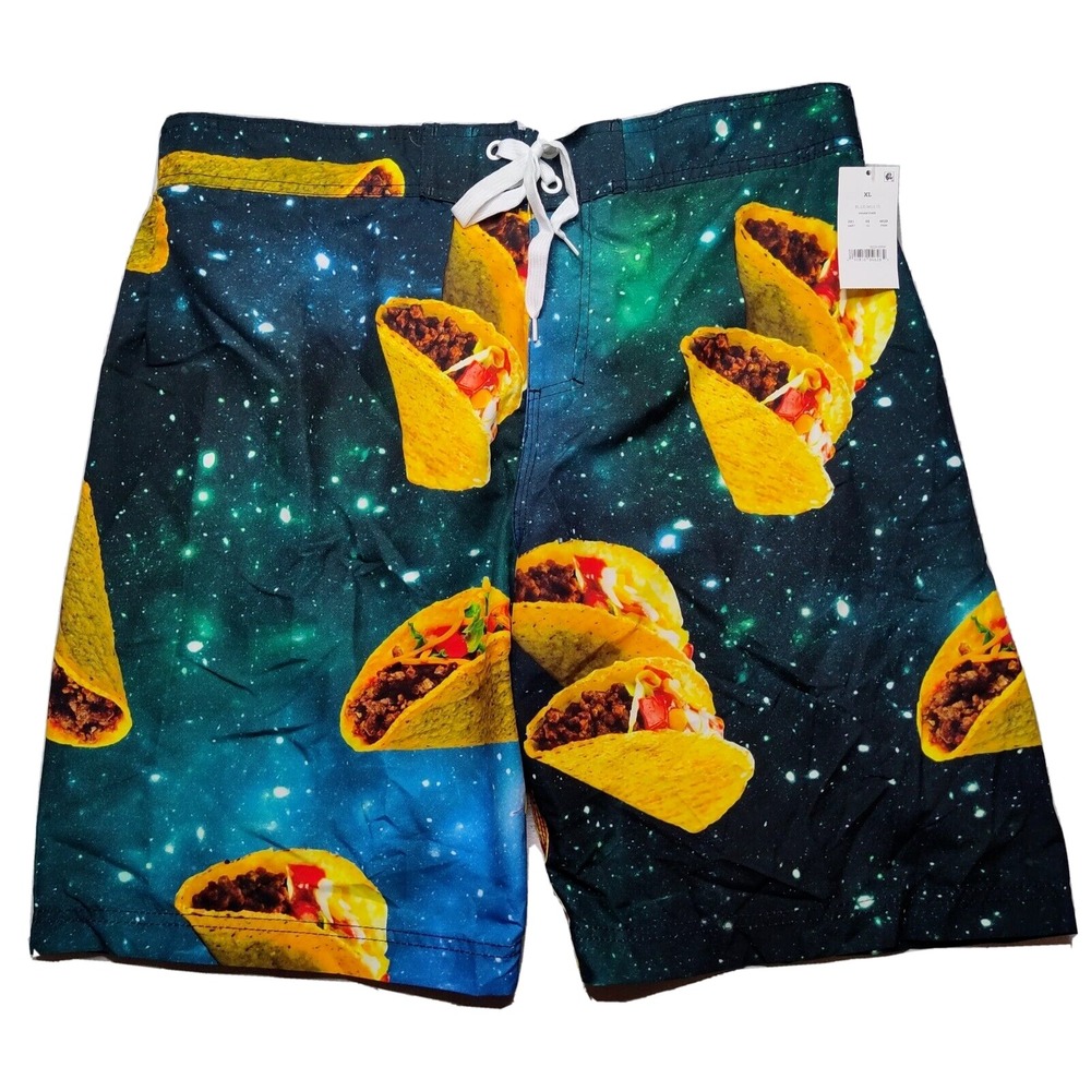 BIOWORLD SPACE TACO AOP Men XL Blue 10" Boardshorts Swim Trunks NEW